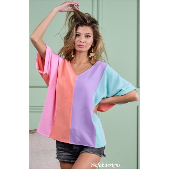 LAST 1! V Neck Roll up Sleeves Color Block Oversized Top! - Picture 8 of 9